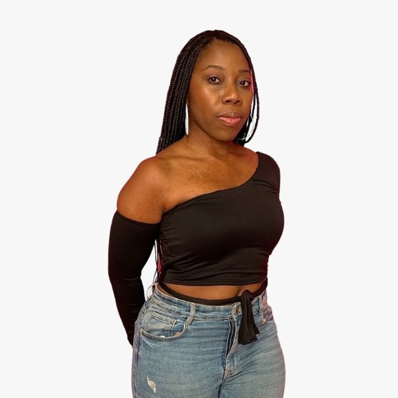 (NWT) One-Shoulder Wrap Tie Top - Black - Picture 2 of 4